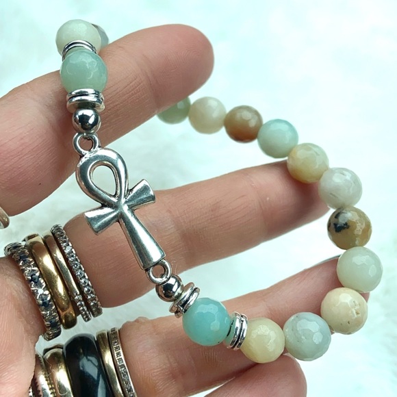 Genuine faceted amazonite gems ankh cross bracelet - Picture 3 of 12